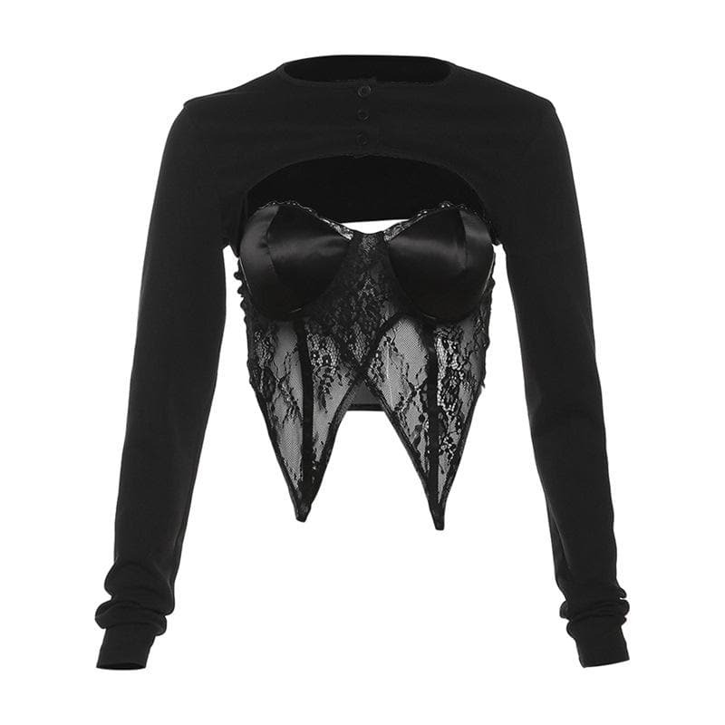 Y2K Lace Stitch Shrug & Cute Crop Top Set - Coquette Aesthetic Layering Piece
