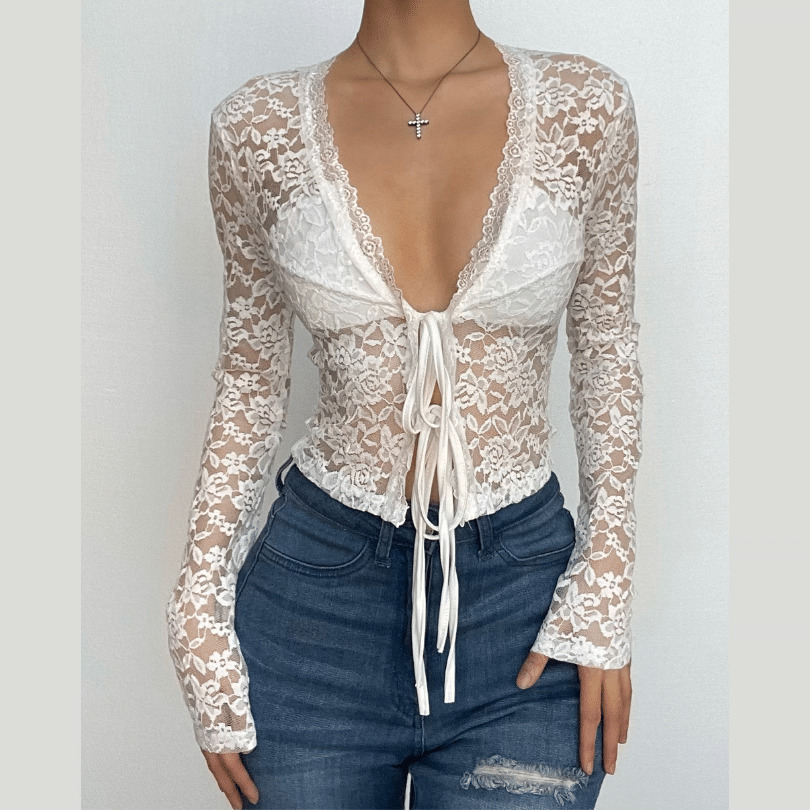 Y2K Lace V-Neck Crop Top - Coquette & Grunge Aesthetic Cute Solid Top for Aesthetic Outfits