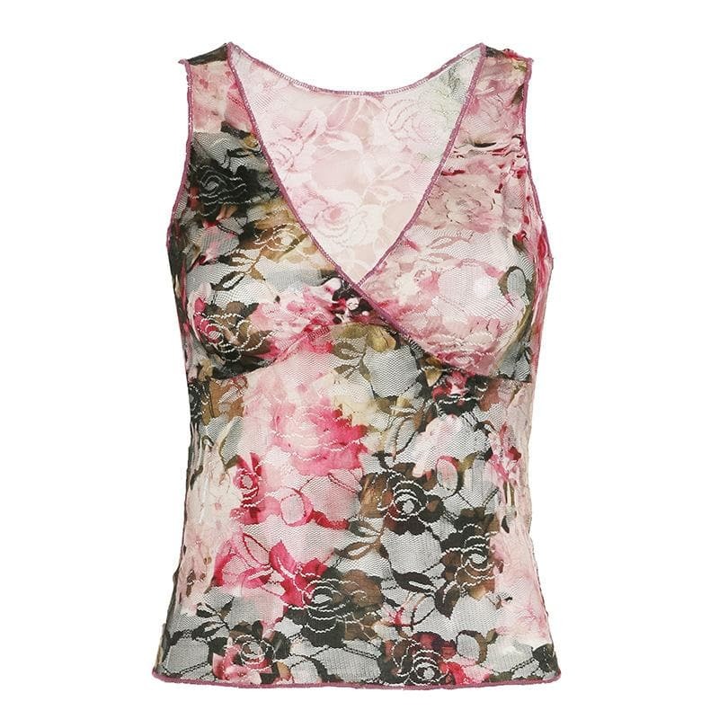 Y2K Lace V-Neck Floral Stitch Tank Top - Cute Coquette Aesthetic for Trendy Outfits
