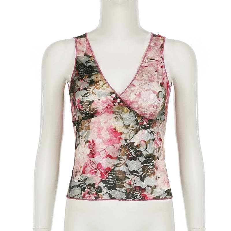 Y2K Lace V-Neck Floral Stitch Tank Top - Cute Coquette Aesthetic for Trendy Outfits