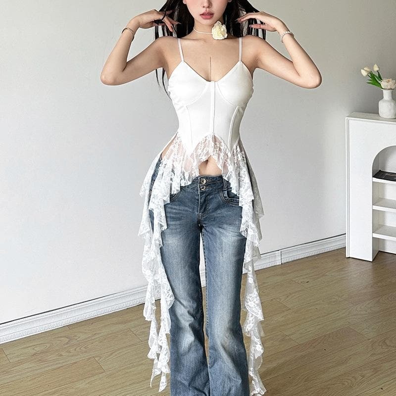Y2K Lace V-Neck Ruffle Cami Top - Cute Pastel Goth & Coquette Aesthetic Fashion