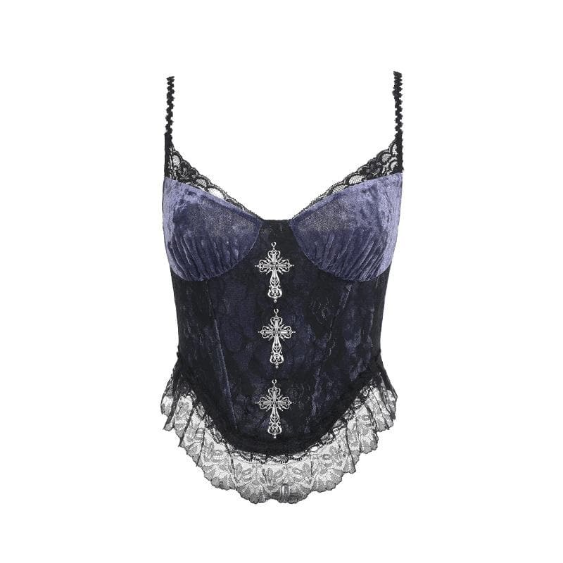 Y2K Lace Velvet Patchwork Cami Top - Cute Grunge Aesthetic for Coquette Style Outfits