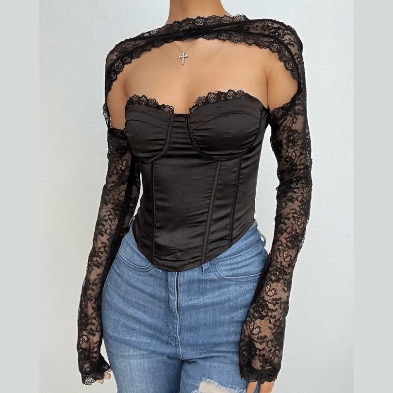 Y2K Lace Zip-Up Backless Bustier Top - Grunge & Coquette Aesthetic Patchwork Style
