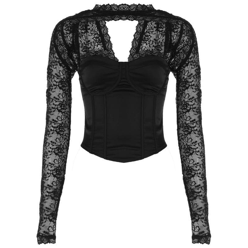 Y2K Lace Zip-Up Backless Bustier Top - Grunge & Coquette Aesthetic Patchwork Style