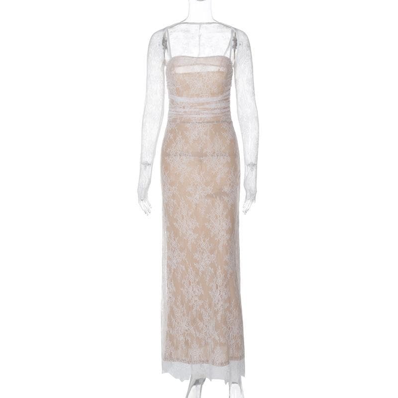 Y2K Lace Zip-Up Ruched Shrug Cami Maxi Dress - Coquette & Grunge Aesthetic Fashion