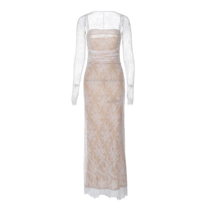 Y2K Lace Zip-Up Ruched Shrug Cami Maxi Dress - Coquette & Grunge Aesthetic Fashion