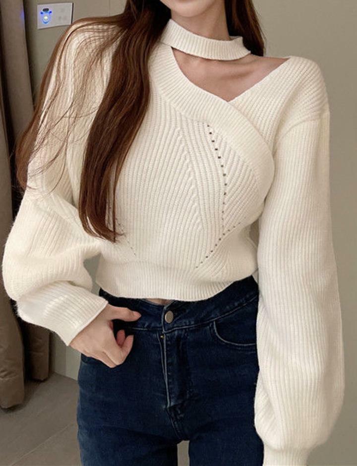 Y2K Lantern Sleeve Halter Neck Knit Sweater - Cute Comfy Top for Coquette & Grunge Aesthetics