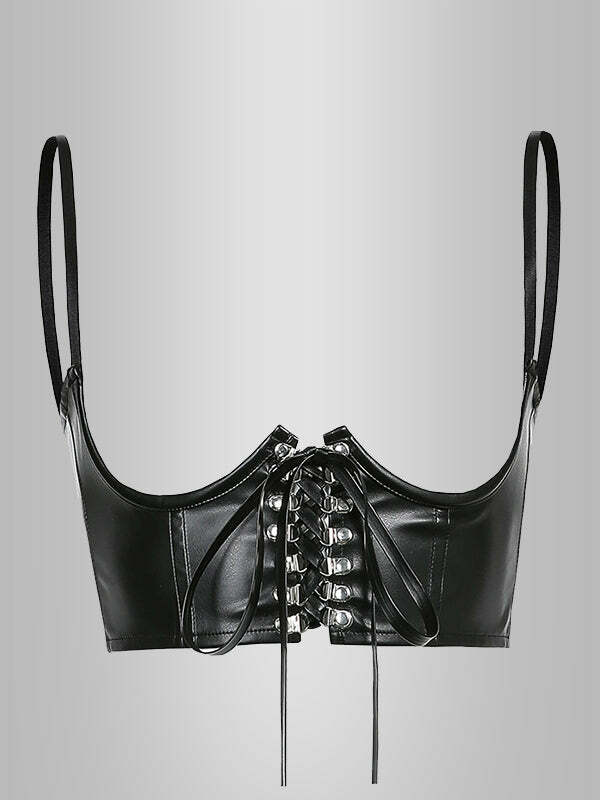Y2K Leather Lace-up Corset Top - Grunge Aesthetic, Coquette Style, Cute & Comfy Fashion