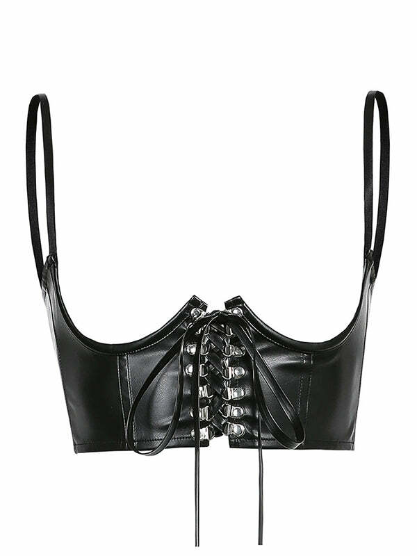 Y2K Leather Lace-up Corset Top - Grunge Aesthetic, Coquette Style, Cute & Comfy Fashion