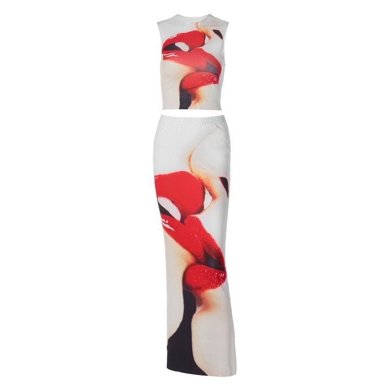 Y2K Lip Print Sleeveless Crewneck & Maxi Skirt Set - Coquette & Grunge Aesthetic Outfit