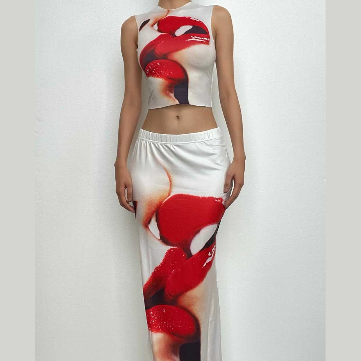 Y2K Lip Print Sleeveless Crewneck & Maxi Skirt Set - Coquette & Grunge Aesthetic Outfit