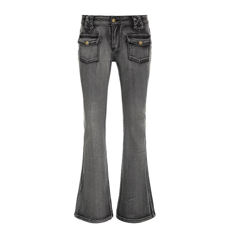 Y2K Low Rise Flared Jeans with Pocket Buttons - Vintage Grunge Aesthetic Denim Style