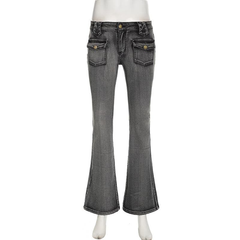 Y2K Low Rise Flared Jeans with Pocket Buttons - Vintage Grunge Aesthetic Denim Style