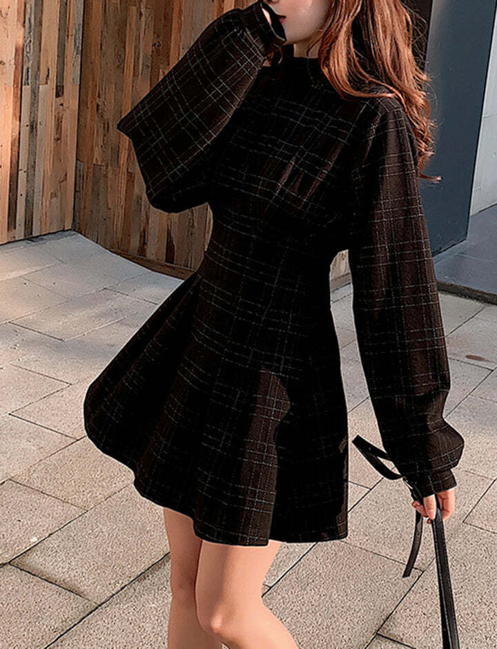 Y2K Mesh Balloon Sleeve Pouf Dress - Coquette Aesthetic with Grunge Style Vibes