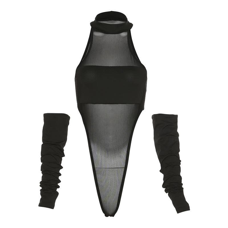 Y2K Mesh Bodysuit with Sleeveless See-Through Gloves - Grunge & Coquette Aesthetic
