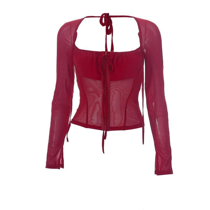 Y2K Mesh Button Drawstring Crop Top - Cute Coquette & Grunge Aesthetic Long Sleeve
