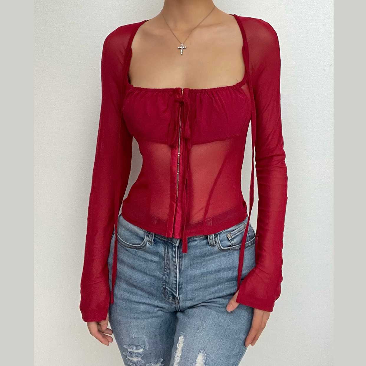 Y2K Mesh Button Drawstring Crop Top - Cute Coquette & Grunge Aesthetic Long Sleeve
