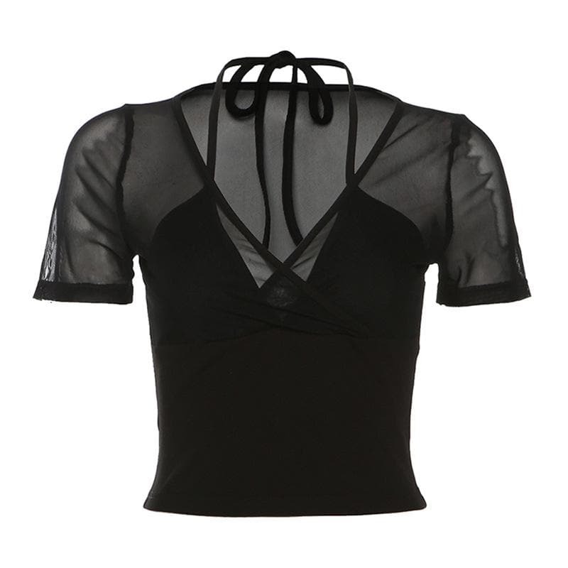Y2K Mesh Cross Front Halter Top - Cute Pastel Goth & Grunge Aesthetic Short Sleeve