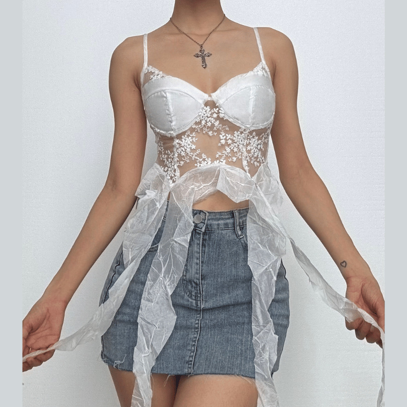 Y2K Mesh Embroidery Ruffle Backless Cami Top - Cute Coquette & Grunge Aesthetic Fashion