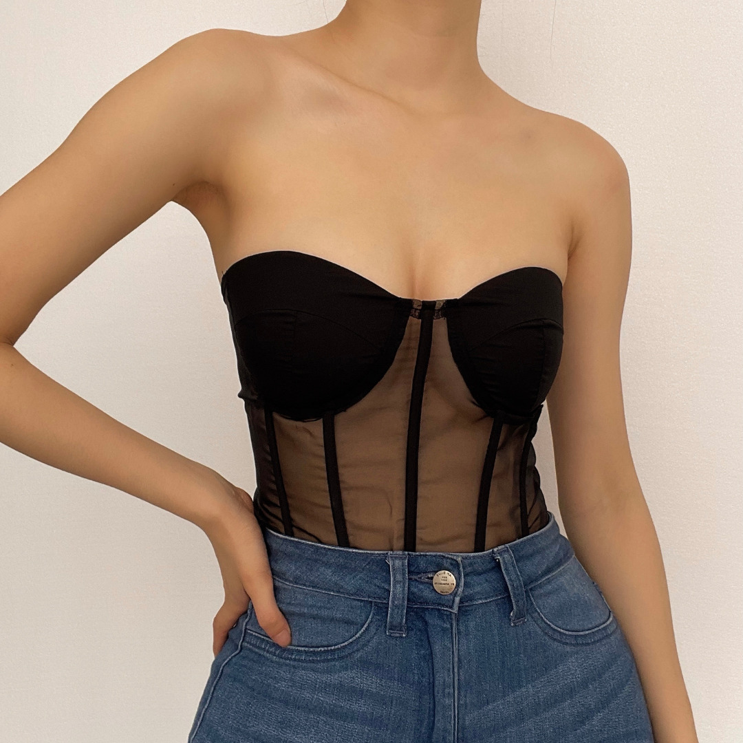 Y2K Mesh Fish Bone Lace-Up Back Bustier Top - Grunge & Coquette Aesthetic Fashion