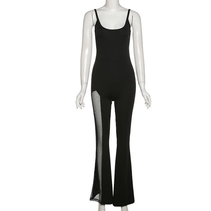 Y2K Mesh Flared Jumpsuit - Coquette & Grunge Aesthetic, Cute Pastel Goth Style