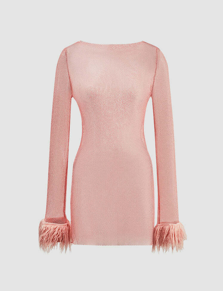 Y2K Mesh Fringed Cuff Glitter Dress - Coquette Aesthetic with Grunge Vibes & Cute Style
