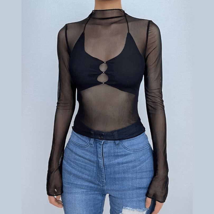 Y2K Mesh High Neck Ruffle Crop Top Set - Cute Coquette Aesthetic for Trendy Outfits