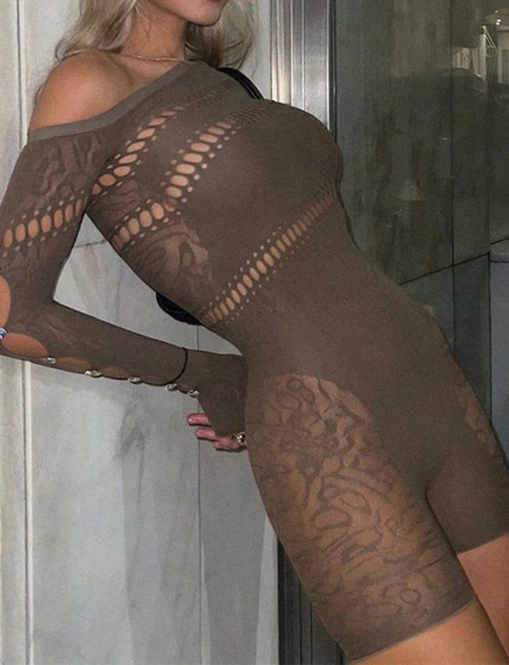 Y2K Mesh Hollow High Waist Long Sleeve Bodysuit - Cute Grunge & Coquette Aesthetic Top
