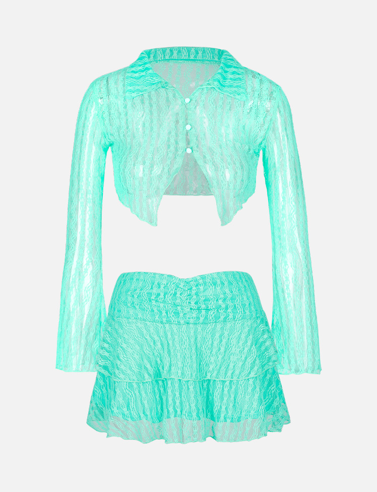 Y2K Mesh Hollow Top & Cargo Skirt Set - Coquette Aesthetic Grunge Style Outfit