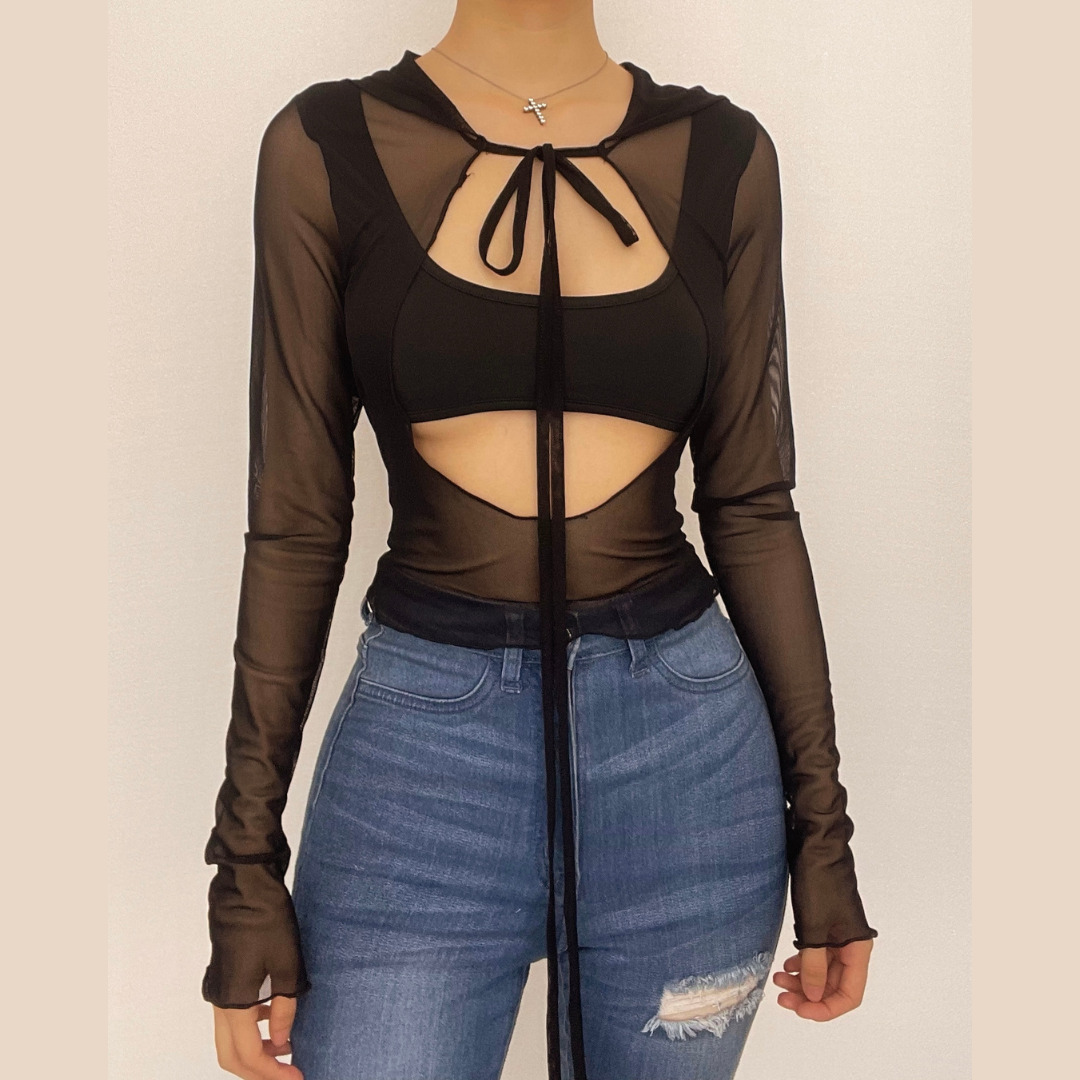 Y2K Mesh Hoodie with Self-Tie Cut-Outs - Trendy Crop Top for Coquette & Grunge Aesthetics