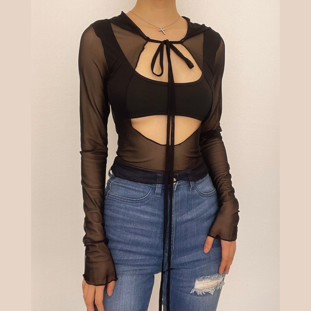 Y2K Mesh Hoodie with Self-Tie Cut-Outs - Trendy Crop Top for Coquette & Grunge Aesthetics