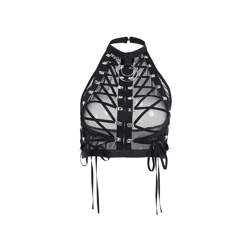 Y2K Mesh Lace-Up Open Back Top with Metal Ring - Grunge & Coquette Aesthetic Style