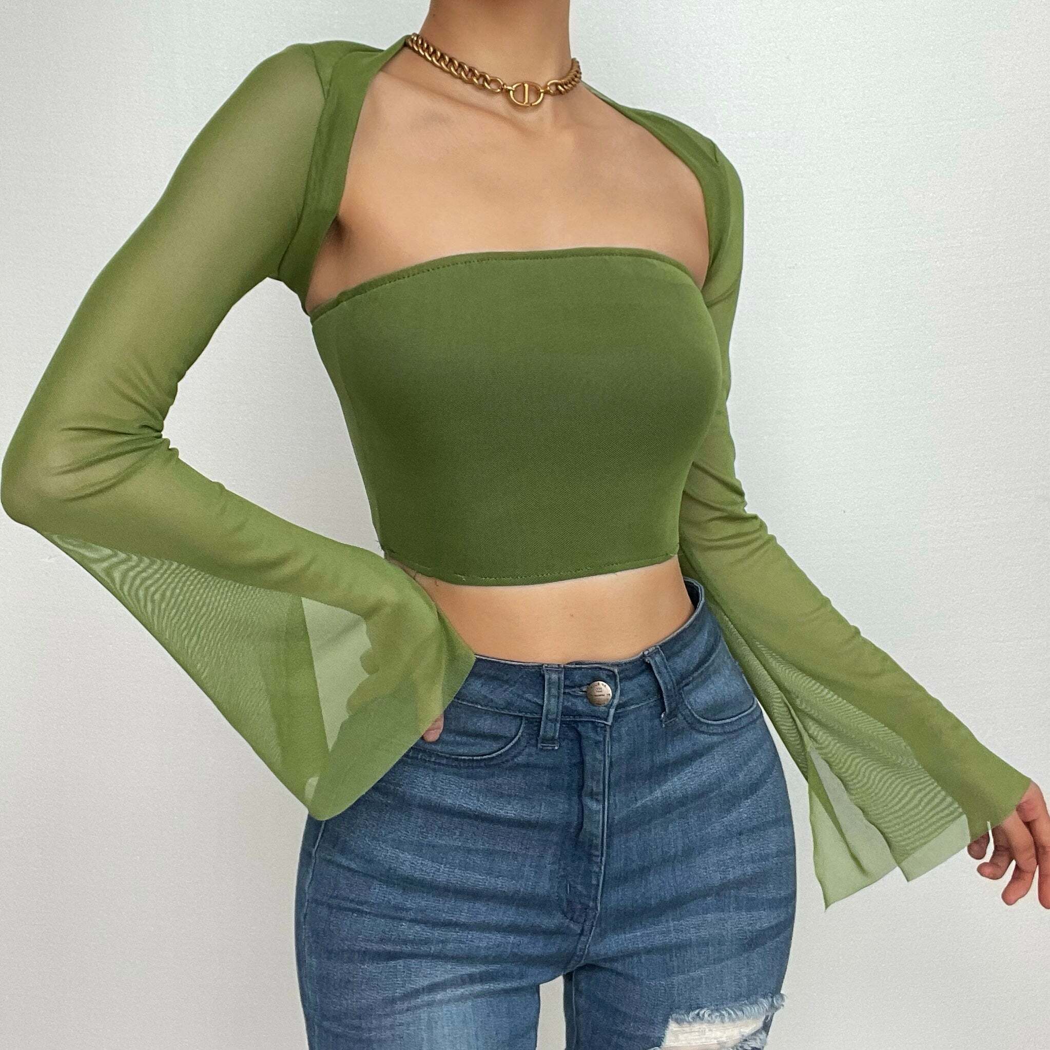 Y2K Mesh Long Sleeve Shrug & Tube Top Set - Cute Coquette Aesthetic Outfit