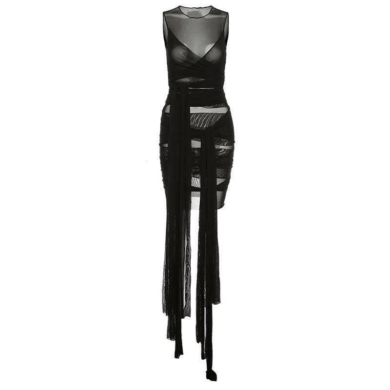 Y2K Mesh Open Back Slim Dress - Coquette & Grunge Aesthetic for Trendy Outfits