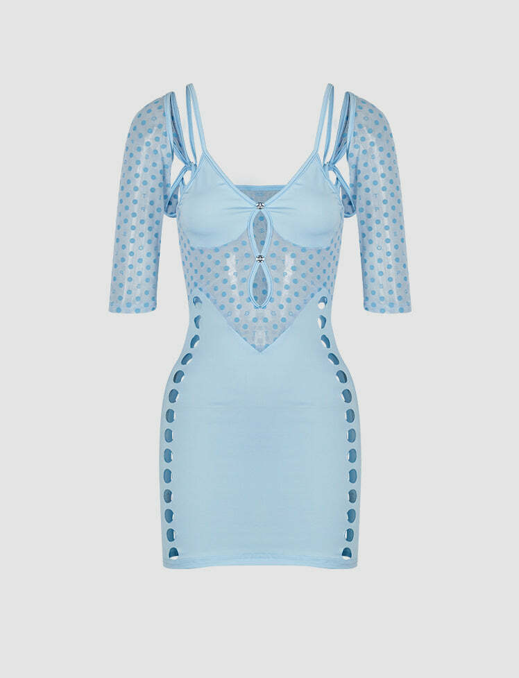 Y2K Mesh Patch Hollow Mini Dress - Cute Coquette & Grunge Aesthetic Fashion