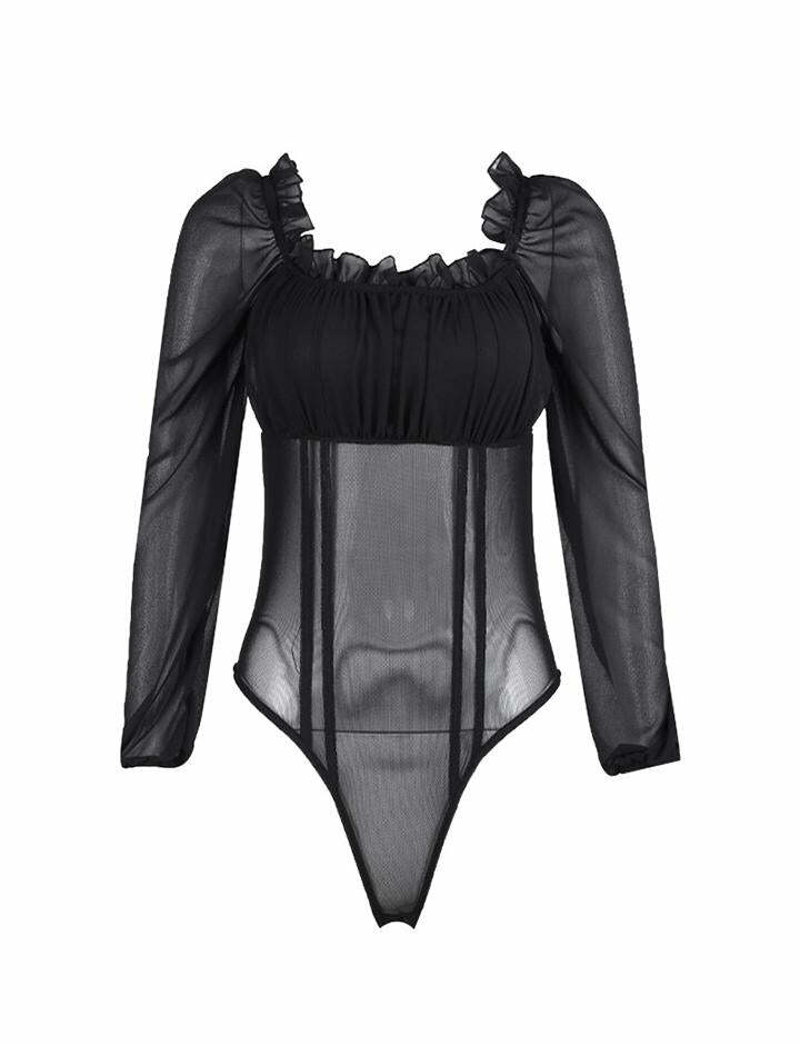 Y2K Mesh Patched Lettuce Edge Bodysuit - Cute Grunge Aesthetic Top for Trendy Outfits
