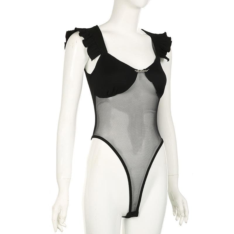 Y2K Mesh Ruffle V-Neck Bodysuit with Metal Tag - Cute Coquette & Grunge Aesthetic Top