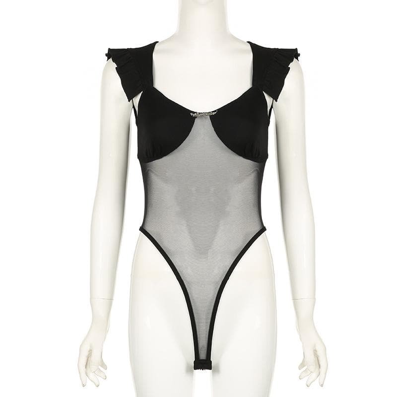 Y2K Mesh Ruffle V-Neck Bodysuit with Metal Tag - Cute Coquette & Grunge Aesthetic Top