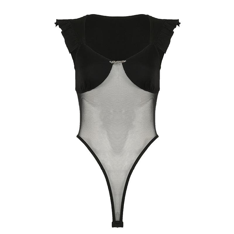 Y2K Mesh Ruffle V-Neck Bodysuit with Metal Tag - Cute Coquette & Grunge Aesthetic Top