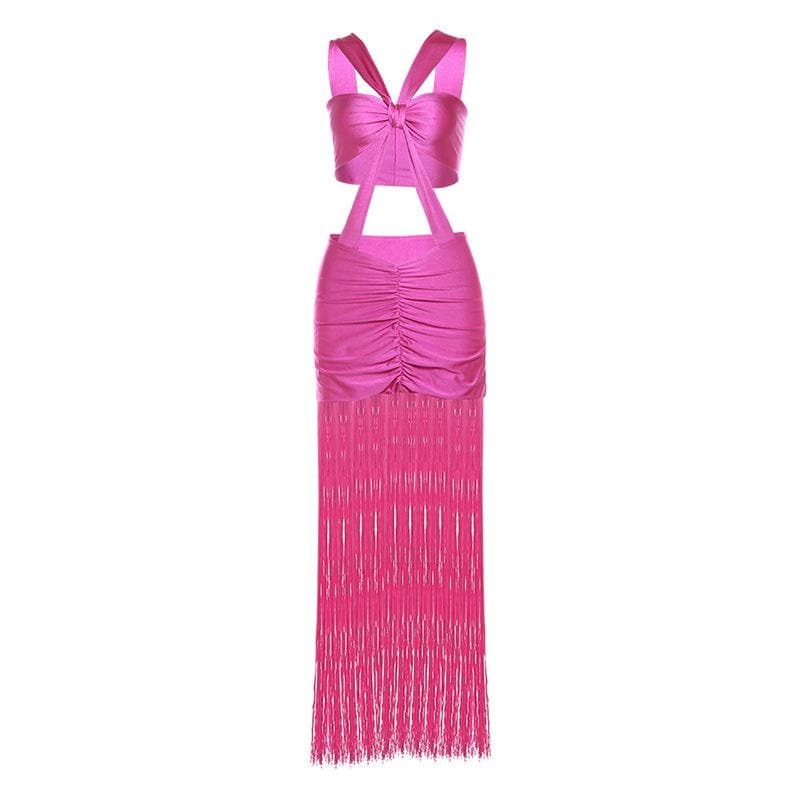 Y2K Metallic Cami Mini Dress with Ruched Knotted Tassels - Cute Coquette Aesthetic