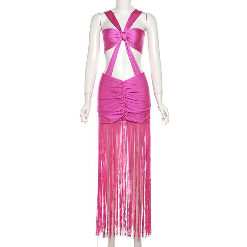 Y2K Metallic Cami Mini Dress with Ruched Knotted Tassels - Cute Coquette Aesthetic