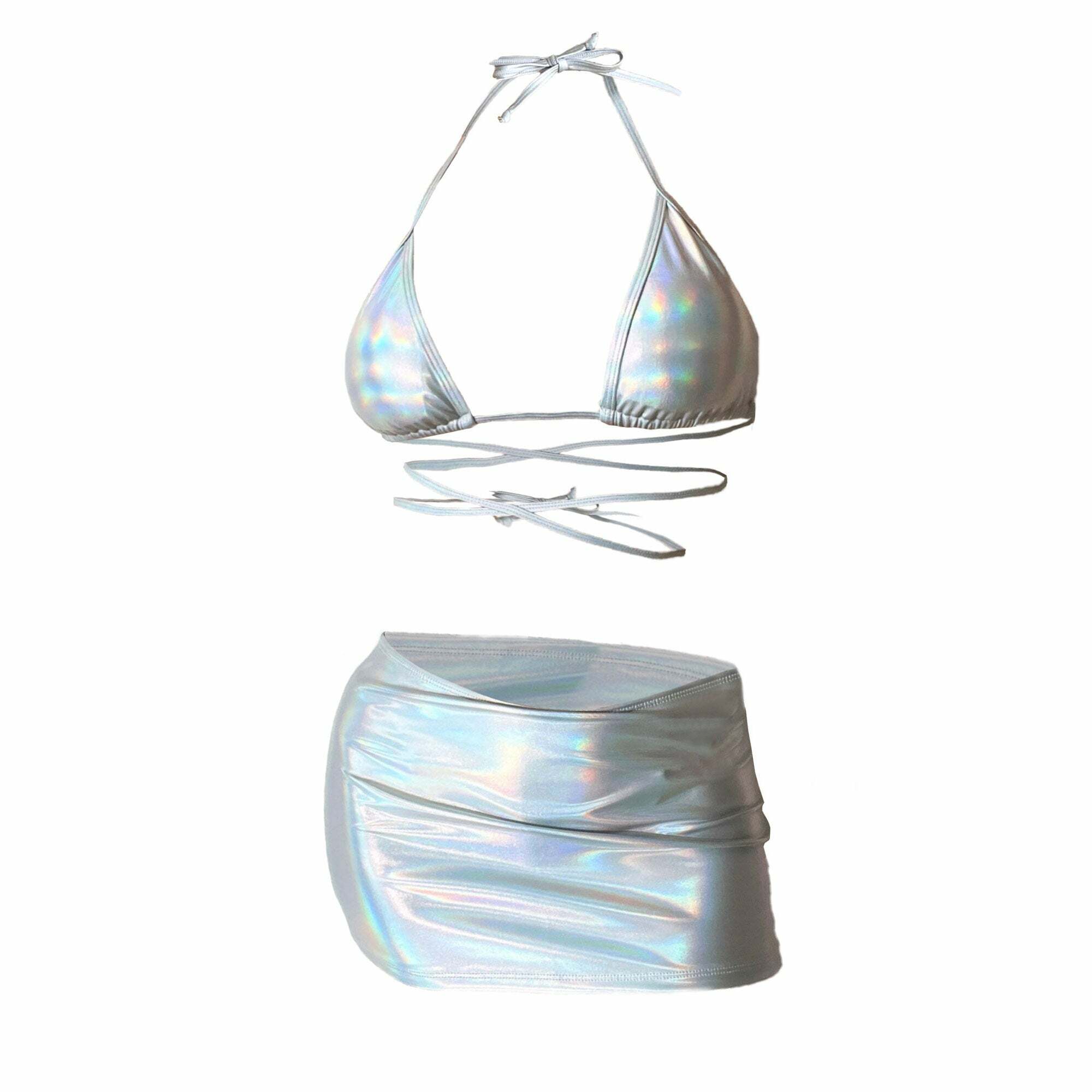 Y2K Metallic Cross Front Halter 3-Piece Swimwear Set - Cute Coquette & Grunge Aesthetic