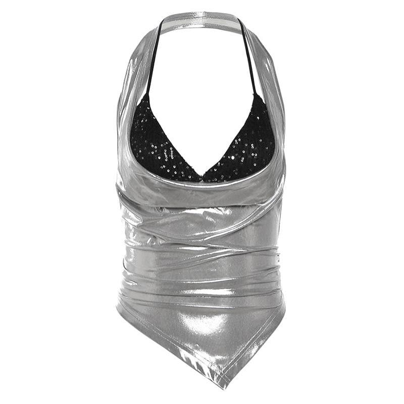 Y2K Metallic Glitter Cowl Neck Ruched Two-Piece Top - Cute Coquette & Grunge Aesthetic