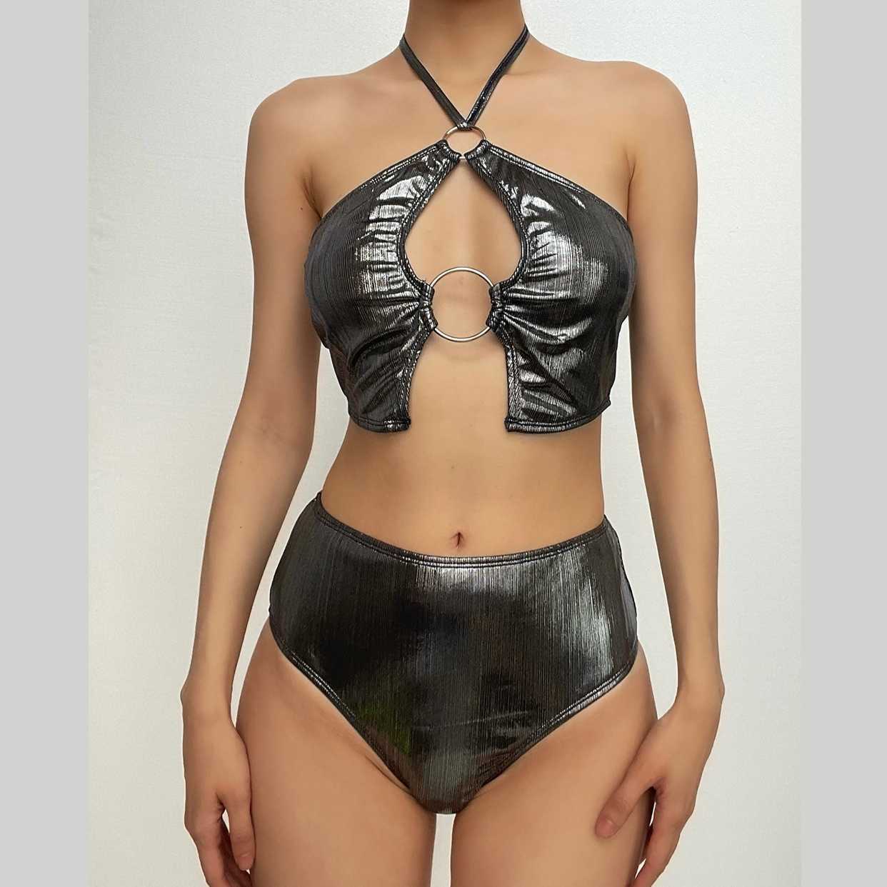 Y2K Metallic O-Ring Halter Bikini Swimwear - Cute Coquette & Grunge Aesthetic Style