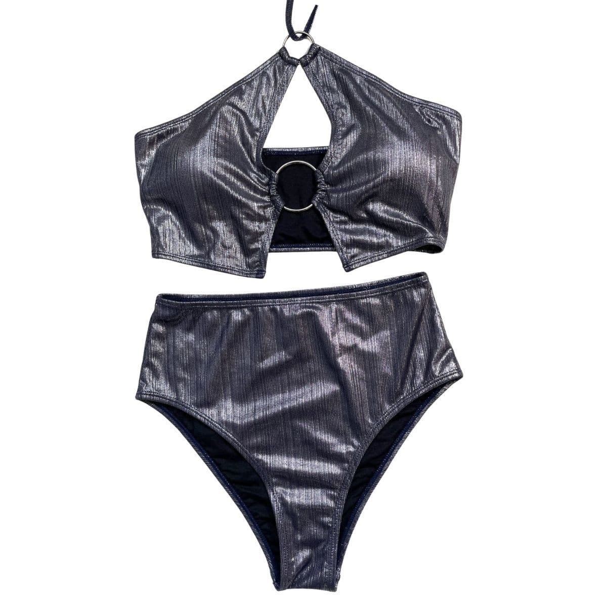 Y2K Metallic O-Ring Halter Bikini Swimwear - Cute Coquette & Grunge Aesthetic Style