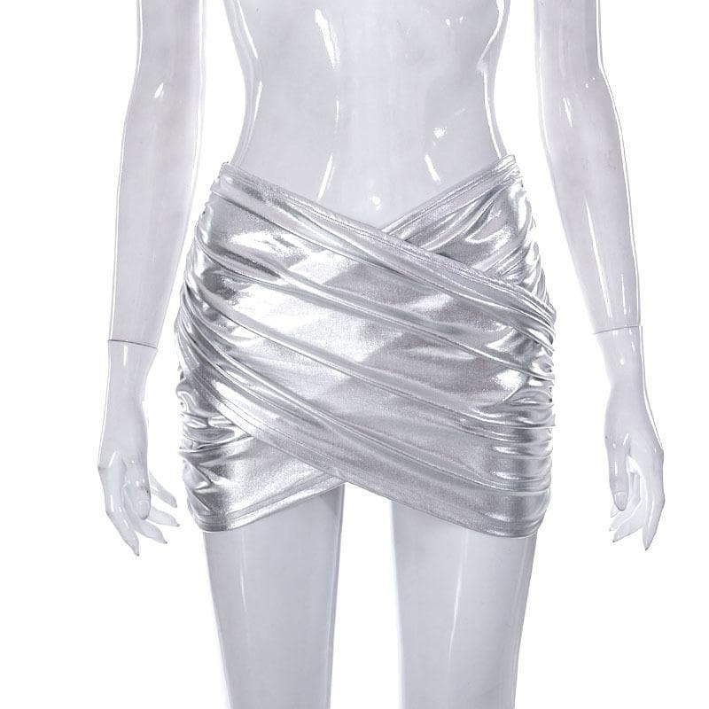 Y2K Metallic Ruched Mini Skirt - Low Rise, Grunge & Coquette Aesthetic Fashion