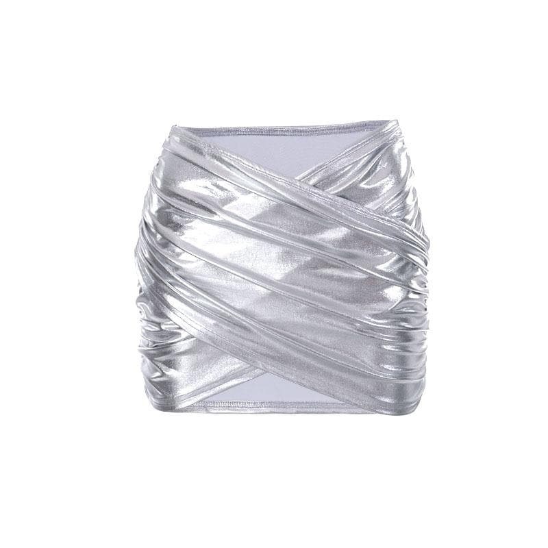 Y2K Metallic Ruched Mini Skirt - Low Rise, Grunge & Coquette Aesthetic Fashion