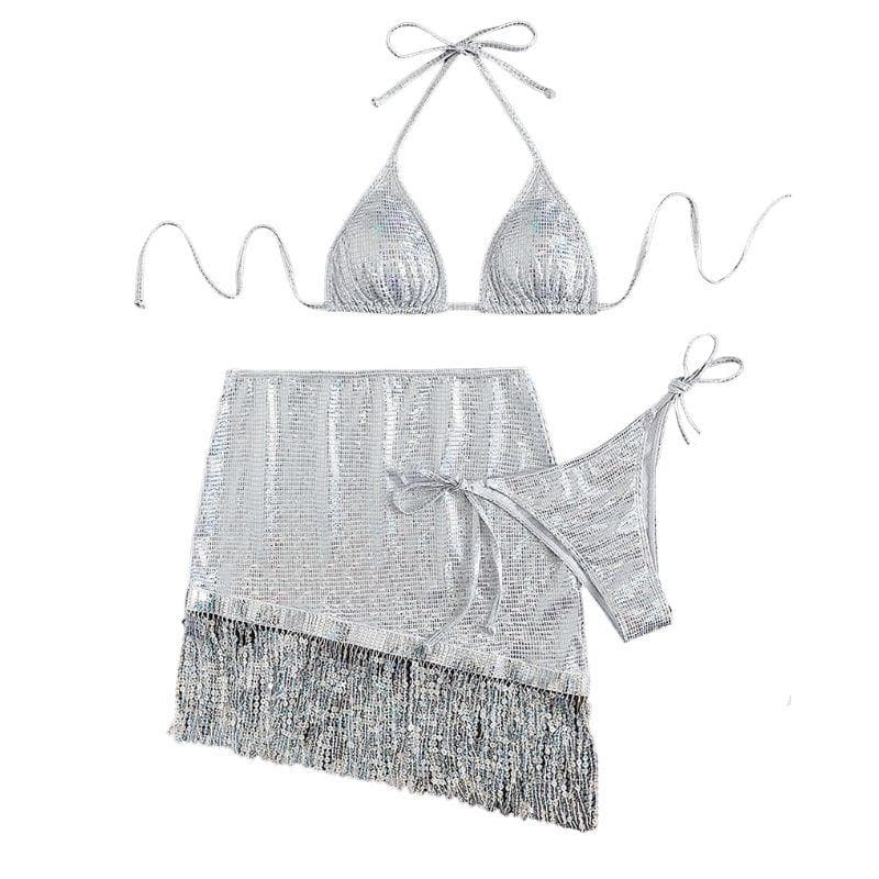 Y2K Metallic Tassel Halter 3-Piece Swimwear Set - Cute Coquette & Grunge Aesthetic