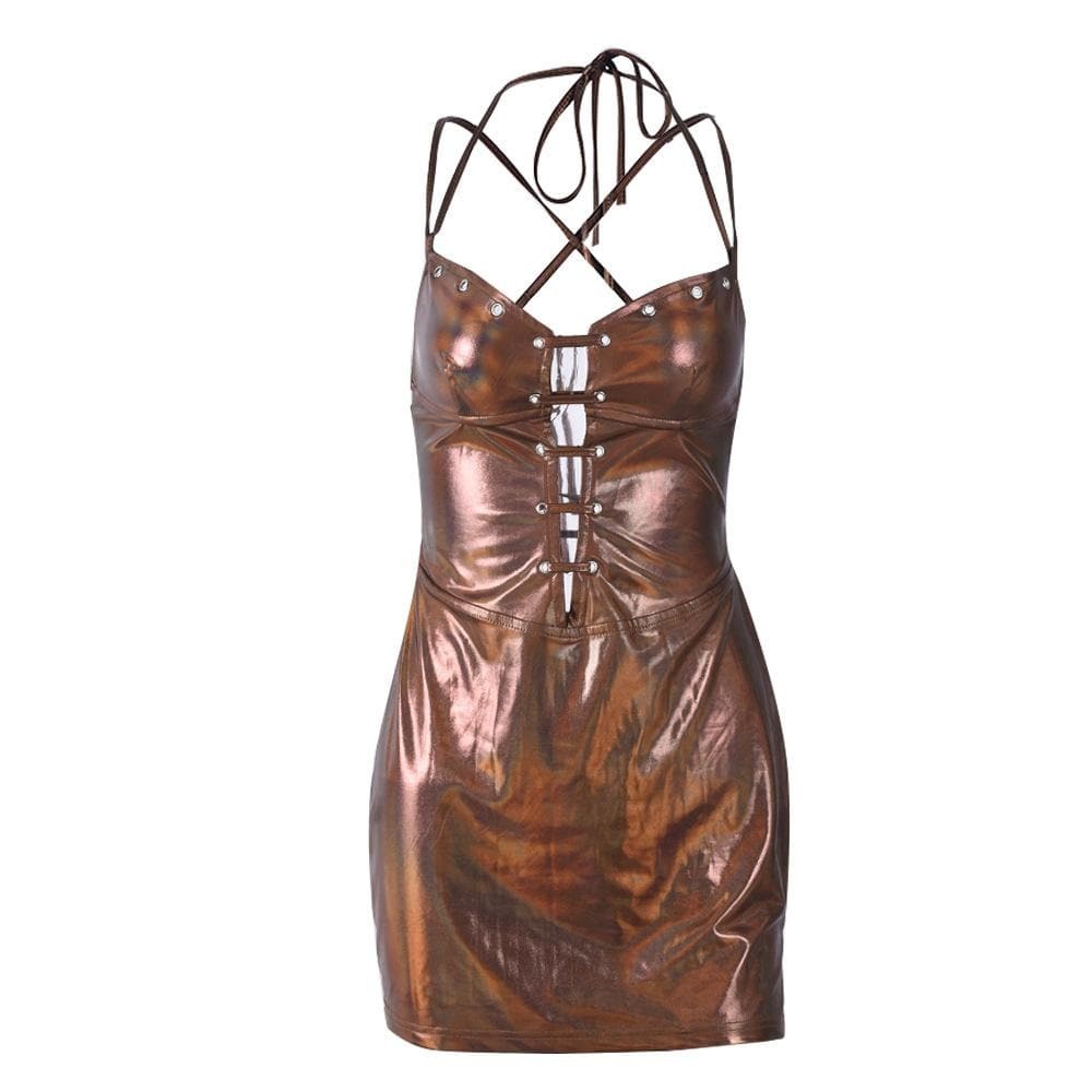Y2K Metallic V-Neck Cami Mini Dress with Halter Lace-Up - Cute Coquette & Grunge Aesthetic