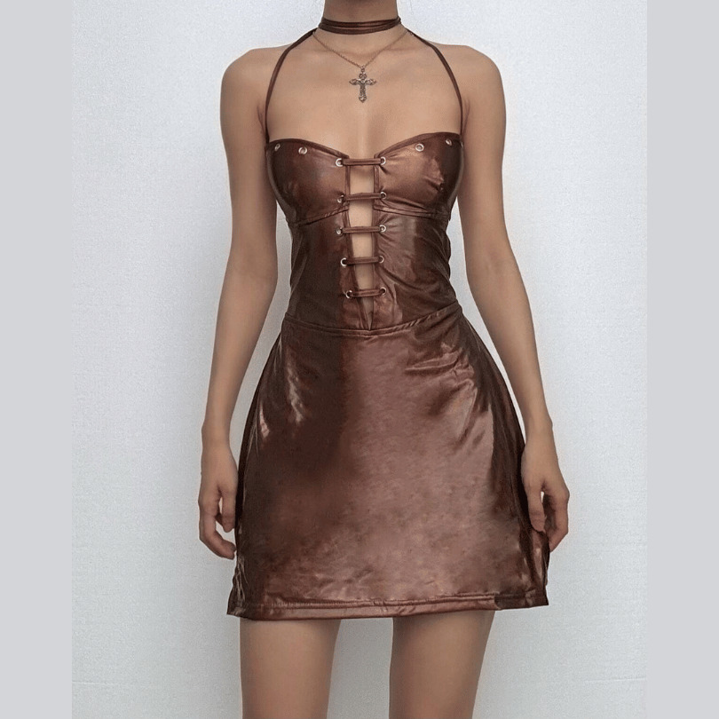 Y2K Metallic V-Neck Cami Mini Dress with Halter Lace-Up - Cute Coquette & Grunge Aesthetic